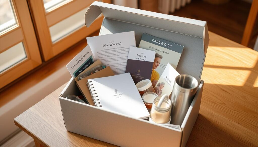 A cozy, well-organized care box for supporting family caregivers. The box sits on a warm wooden table, illuminated by natural light from a nearby window. Inside, a variety of practical items are neatly arranged: informative brochures, a journal for recording care notes, a set of relaxation aids like scented candles and soothing music, and a thermos of hot tea. The box's design is modern yet inviting, with a soft gray exterior and accents of natural wood. A sense of care and comfort radiates from the scene, conveying the box's purpose of providing respite and resources for those tending to loved ones. A cozy, well-organized care box for supporting family caregivers. The box sits on a warm wooden table, illuminated by natural light from a nearby window. Inside, a variety of practical items are neatly arranged: informative brochures, a journal for recording care notes, a set of relaxation aids like scented candles and soothing music, and a thermos of hot tea. The box's design is modern yet inviting, with a soft gray exterior and accents of natural wood. A sense of care and comfort radiates from the scene, conveying the box's purpose of providing respite and resources for those tending to loved ones.