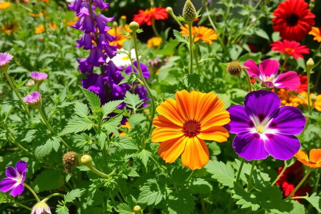 Ein Kräutergarten mit verschiedenen Kräutern und Blumen