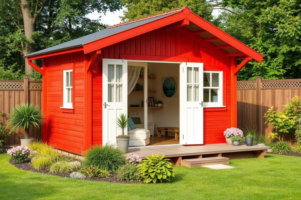 Eine rote Holzhütte im schwedischen Stil für deinen Garten